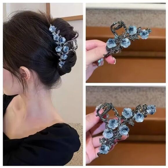 Brand New Titanium Blue Rose Rhinestone Hair Claw Clips - Picture 3 of 8